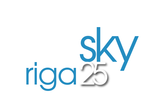 Dinner in the Sky Riga 25 logo in a modern sans-serif font, where 'Dinner in the' is white, 'Sky' is blue, 'Riga' is light blue and '25' is a combination of white and grey